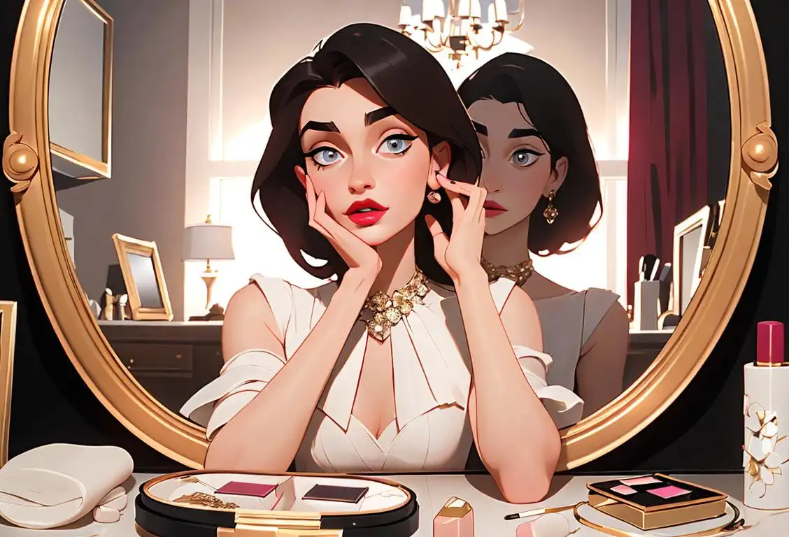 Young woman applying lipstick, wearing a glamorous attire, surrounded by a luxurious vanity mirror and beauty products..