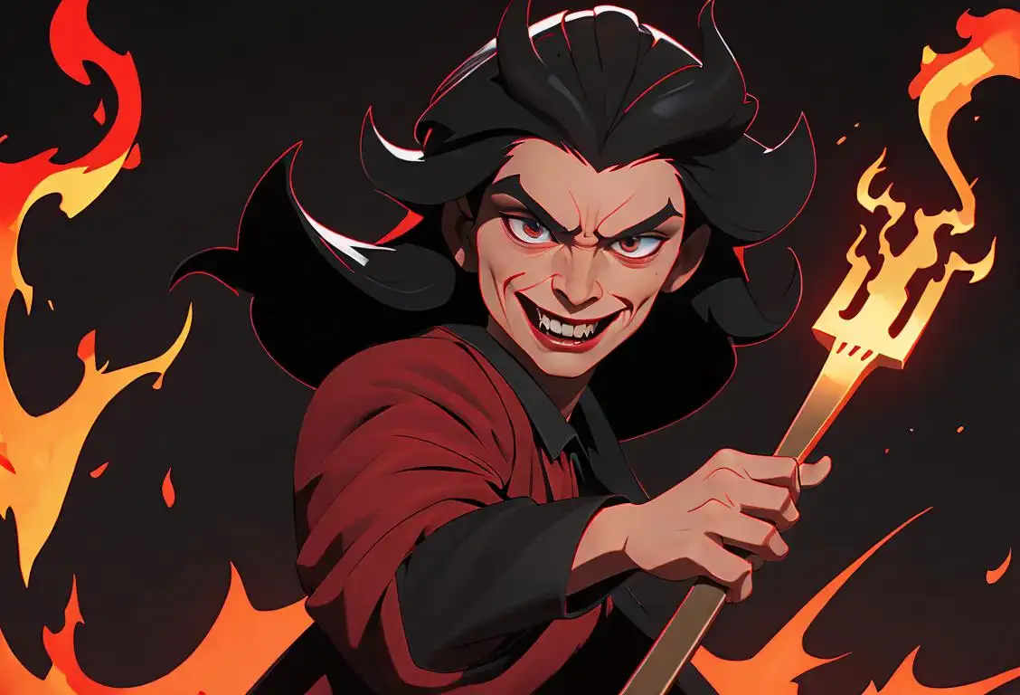 Mischievous person holding a pitchfork, dressed in red and black, fire and brimstone background..