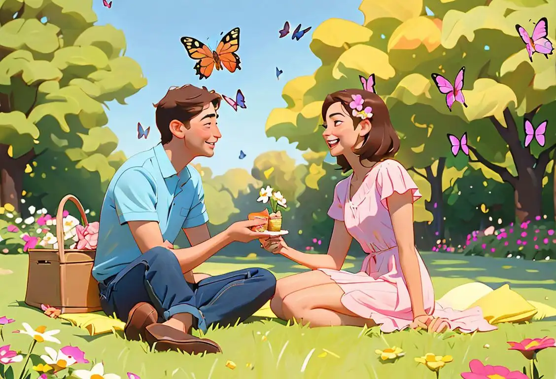 Happy couple enjoying a picnic in a sunny park, dressed in casual summer outfits, surrounded by butterflies and flowers..