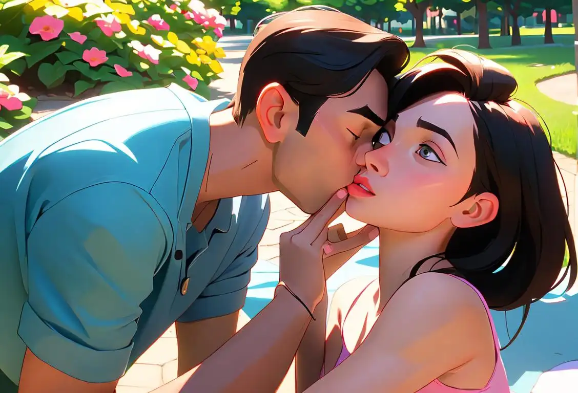 Young couple stealing a kiss in a park, wearing casual summer outfits, with a backdrop of blooming flowers and a cute picnic set up nearby..