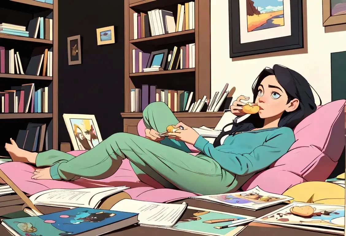 A person lounging in comfy pants, snacking on something delicious, surrounded by a collection of books, games, and art supplies..