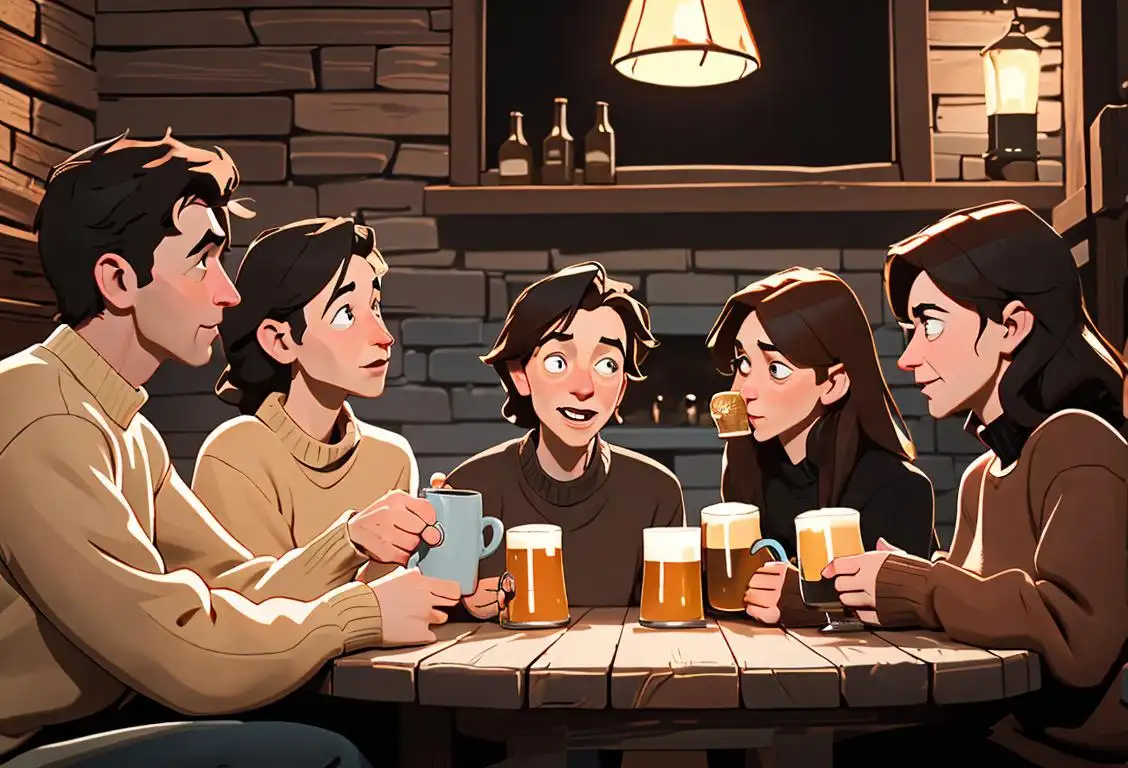 A group of friends toasting with mugs of porter, wearing cozy sweaters, surrounded by a rustic brewery setting..