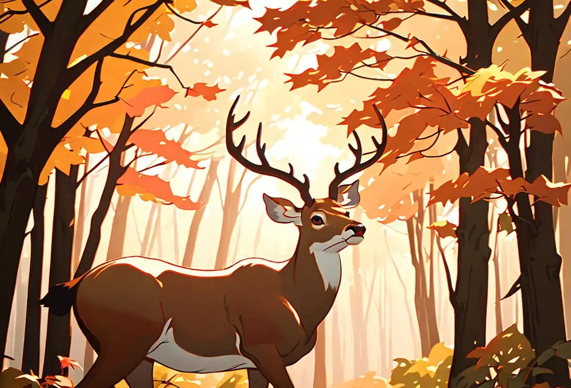 Majestic deer with antlers in a serene forest, sunlight filtering through the trees, surrounded by autumn leaves..