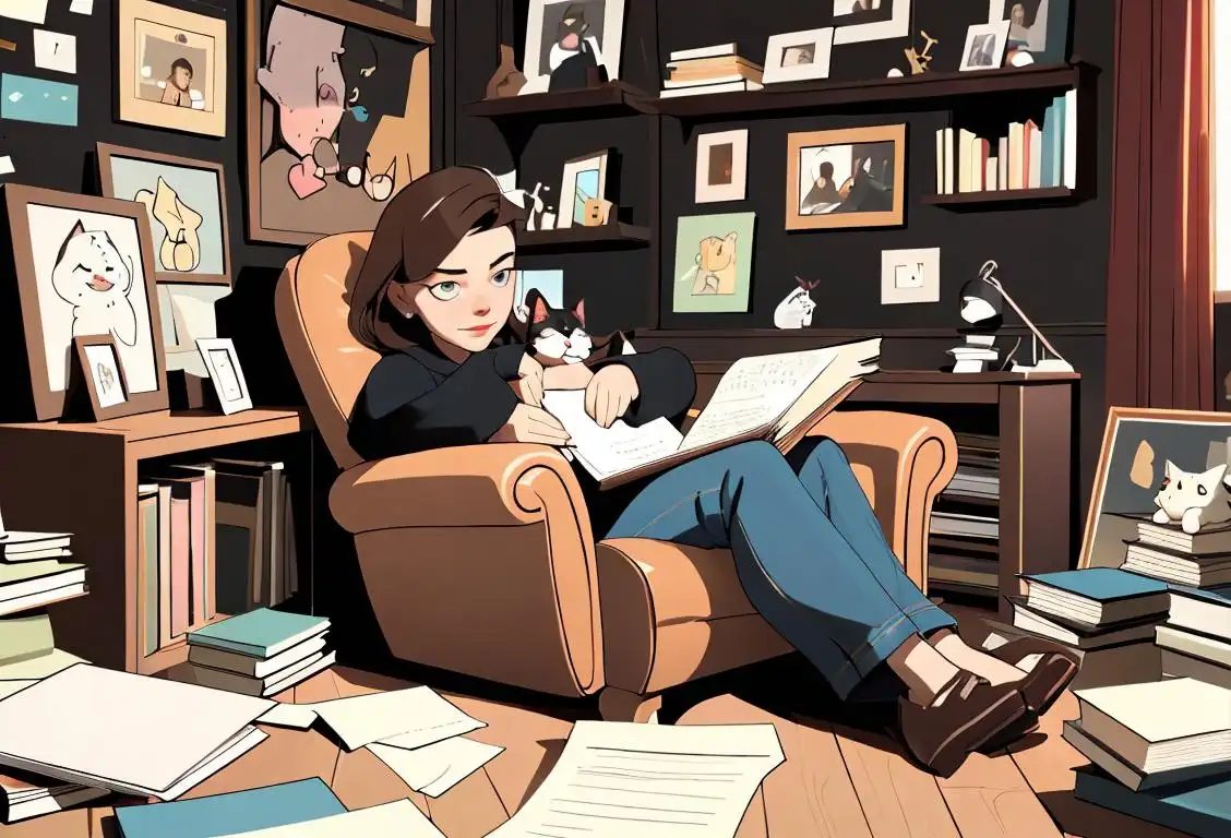 Person lounging on a cozy chair, surrounded by scattered to-do lists and books, with a cat snuggled on their lap, in a sunny, cluttered home office..