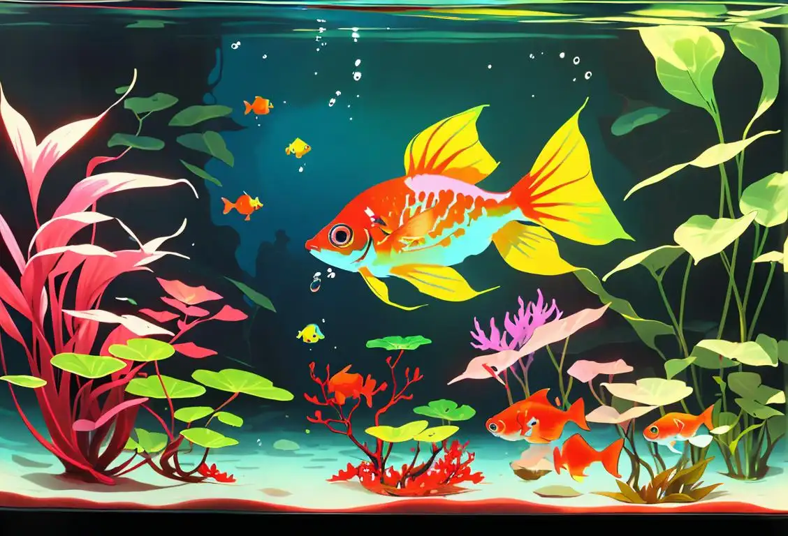 A serene beta fish swimming in a colorful aquarium, surrounded by vibrant aquatic plants and sparkling water..