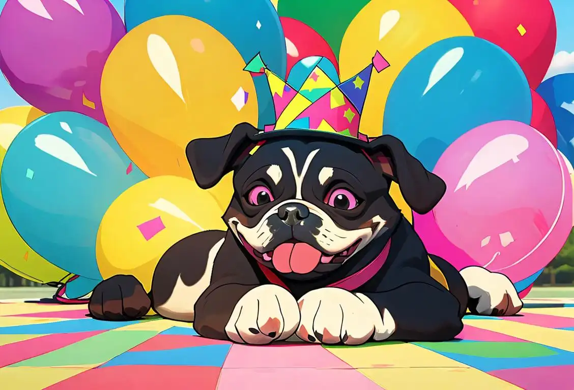 Happy dog wearing a party hat, surrounded by balloons and confetti, in a vibrant park setting..