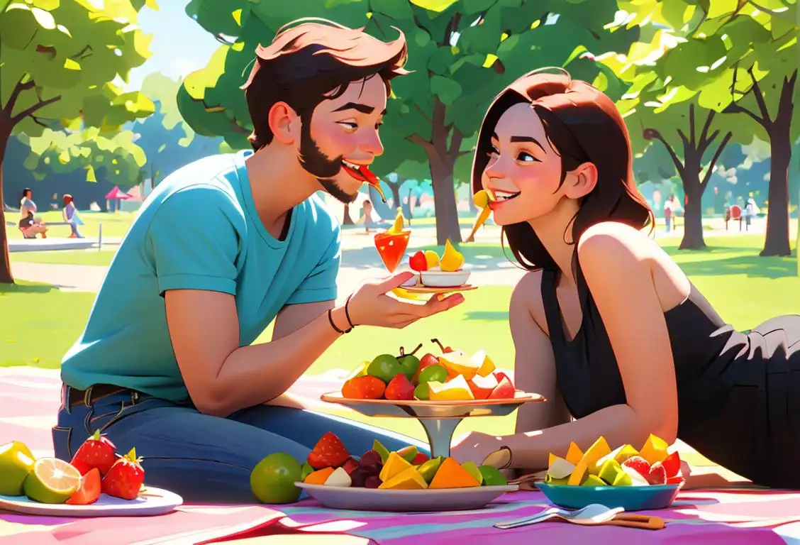 A smiling couple enjoying a picnic in a sunny park, wearing trendy summer outfits, surrounded by delicious-looking fruit and platters of colorful snacks..